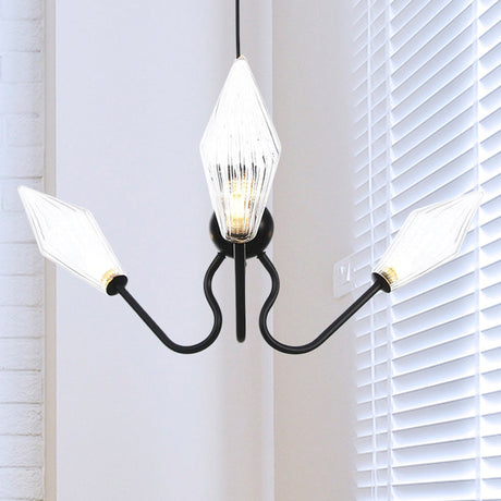 Vintage 3-Head Hanging Lamp With Amber/Clear Glass Diamonds - Adjustable Cord Black/Chrome Finish