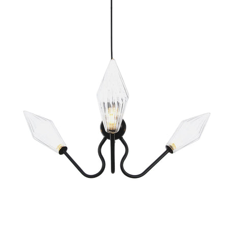 Vintage 3-Head Hanging Lamp With Amber/Clear Glass Diamonds - Adjustable Cord Black/Chrome Finish