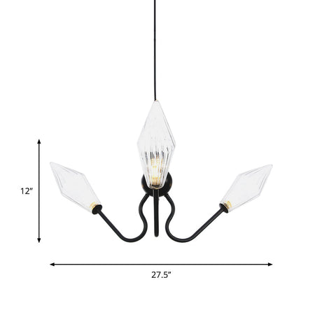 Vintage 3-Head Hanging Lamp With Amber/Clear Glass Diamonds - Adjustable Cord Black/Chrome Finish