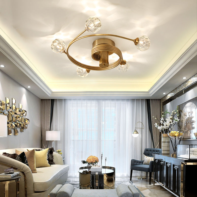 Traditional Cut Crystal Gold Ceiling Mount Light With Curved Metal Arm - 5 Head Ball Semi-Flush