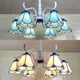 Tiffany Lodge Ceiling Light: Conical Semi Flush With Stained Glass In White/Blue (6 Lights)