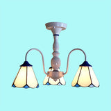 Blue/White Tiffany Ceiling Light With Stained Glass Cone Shade - 3 Lights Curved Arm Semi Flush