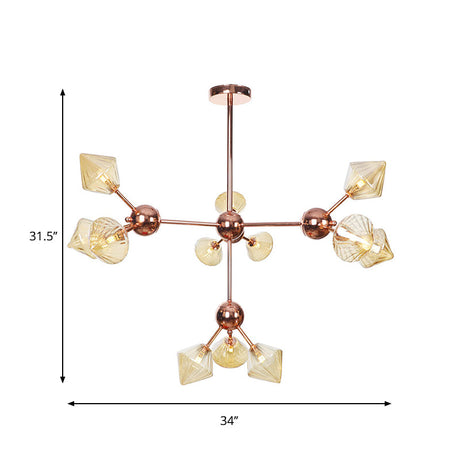 Diamond Farmhouse Chandelier Lamp - Amber/Clear Glass 3/9/12 Lights Hangs 13/27.5/34 Wide