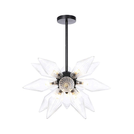 Industrial Pendant Chandelier With Amber/Clear Ribbed Glass And Starburst Design - 9/12/15 Heads For