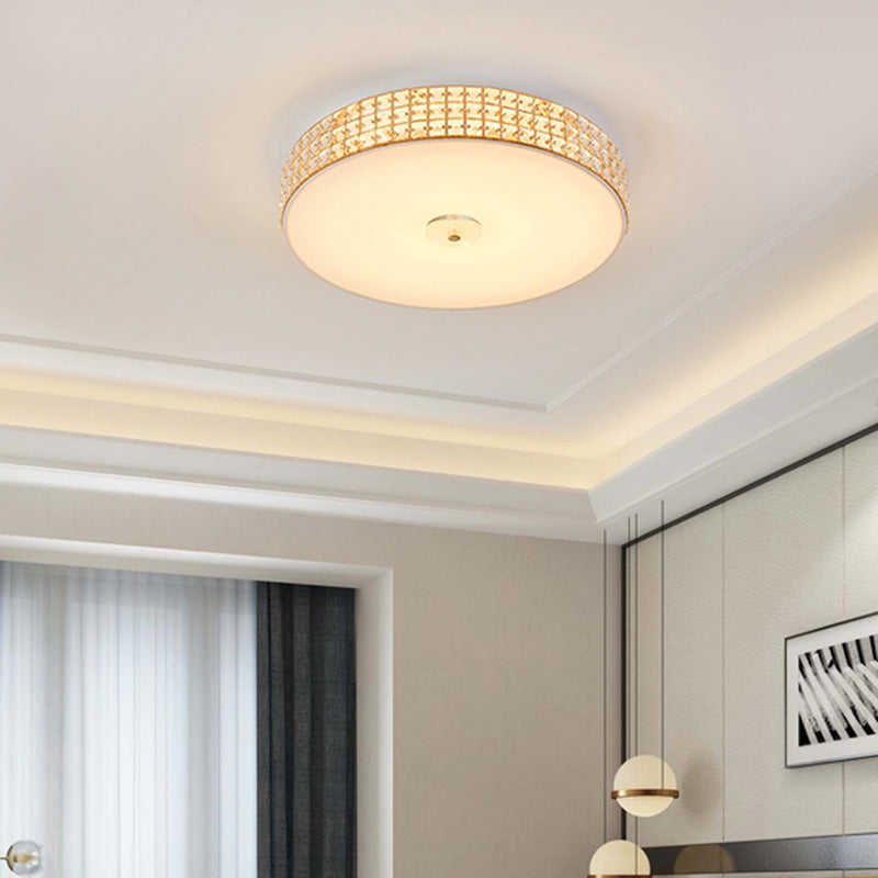 Minimalist Silver K9 Crystal Drum Flush Mount Led Ceiling Light - Perfect For Bedroom 12/16/19.5