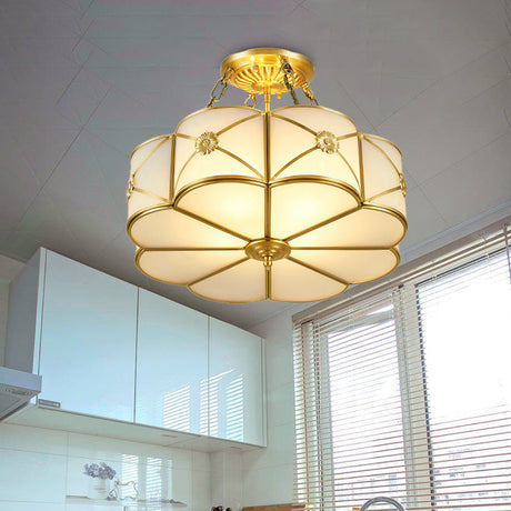 Vintage Ivory Glass Scallop Ceiling Lighting 4-Headed Bedroom Flush Mount In Brass