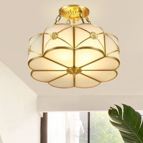 Vintage Ivory Glass Scallop Ceiling Lighting 4-Headed Bedroom Flush Mount In Brass