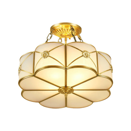 Vintage Ivory Glass Scallop Ceiling Lighting 4-Headed Bedroom Flush Mount In Brass
