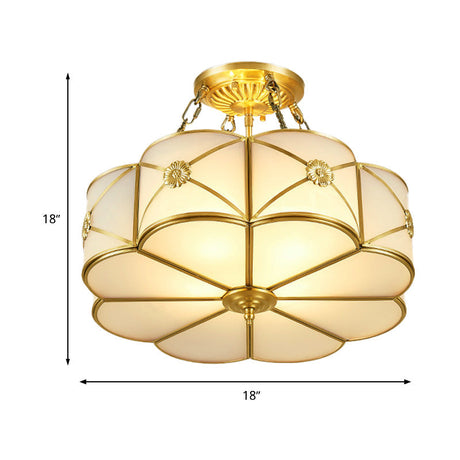Vintage Ivory Glass Scallop Ceiling Lighting 4-Headed Bedroom Flush Mount In Brass