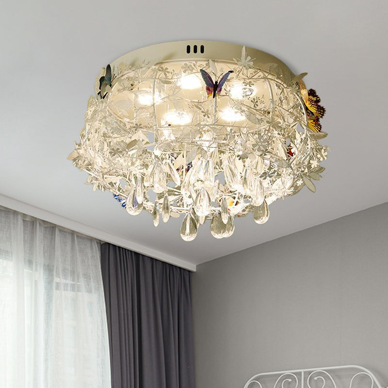 Cascade Teardrop Crystal Ceiling Light - 18/23.5 Wide Contemporary 5 Heads Nickel Flush Mount / 18