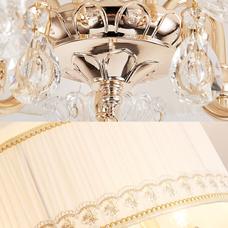 Modern Crystal Flush Light Fixture - White Candle With 5 Heads Fabric Shade & Ceiling Mounted Design