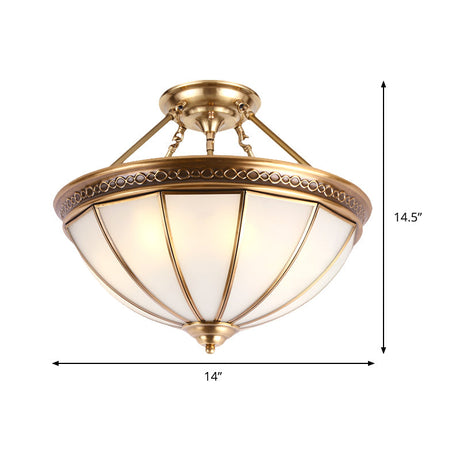 Colonial Brass Dome Shade Opal Glass Semi Flushlight - 3-Light Ceiling Mounted Fixture