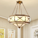 Traditional Brass 4-Headed Flush Mount Lamp With Opal Glass Drum Shade