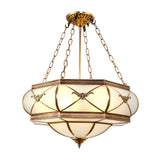 Traditional Brass 4-Headed Flush Mount Lamp With Opal Glass Drum Shade