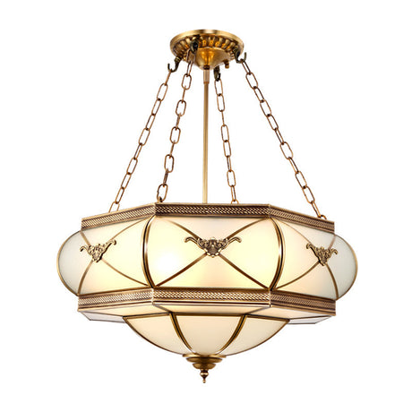 Traditional Brass 4-Headed Flush Mount Lamp With Opal Glass Drum Shade
