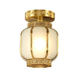 Traditional Brass Metal Semi Flush Lantern Ceiling Light With Opal Glass Shade