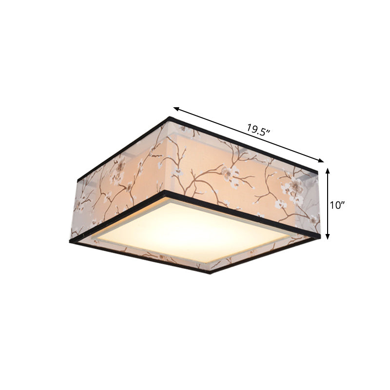 Traditional Style Fabric Square Flush Light - 4/5 Lights Ceiling Mount In White Various Sizes