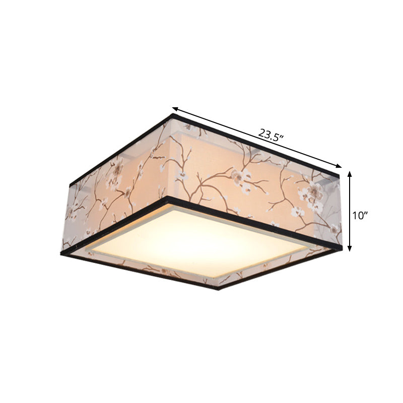 Traditional Style Fabric Square Flush Light - 4/5 Lights Ceiling Mount In White Various Sizes