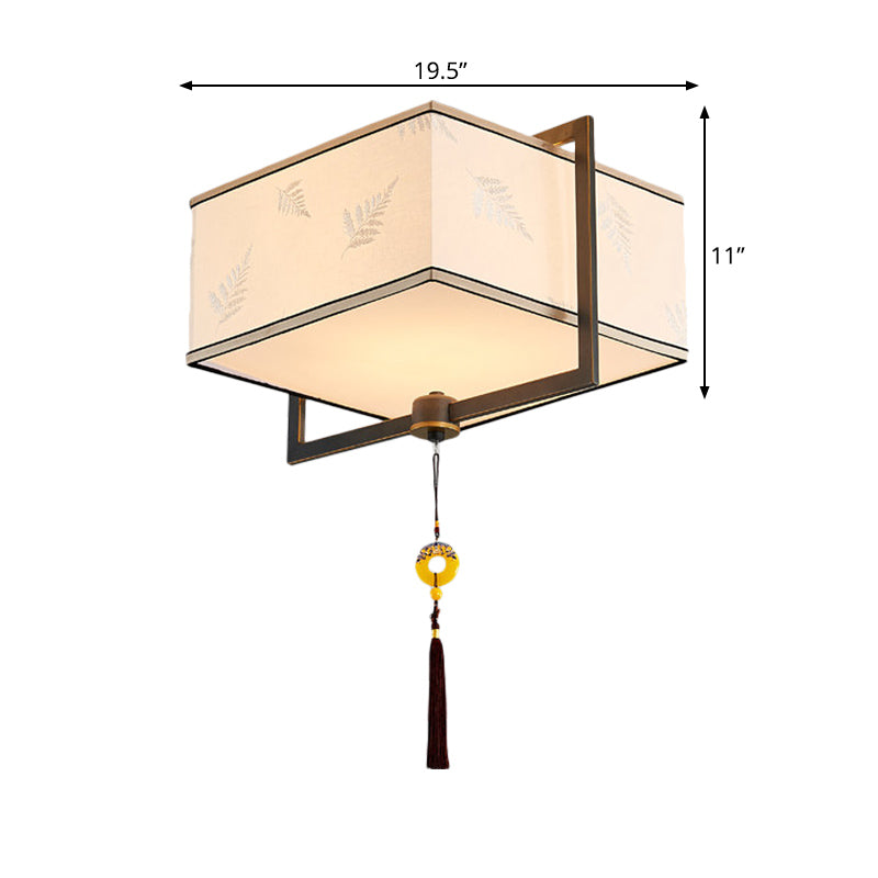 Square Flush Ceiling Light With 5 Fabric Lights Traditional White Fixture For Bedroom