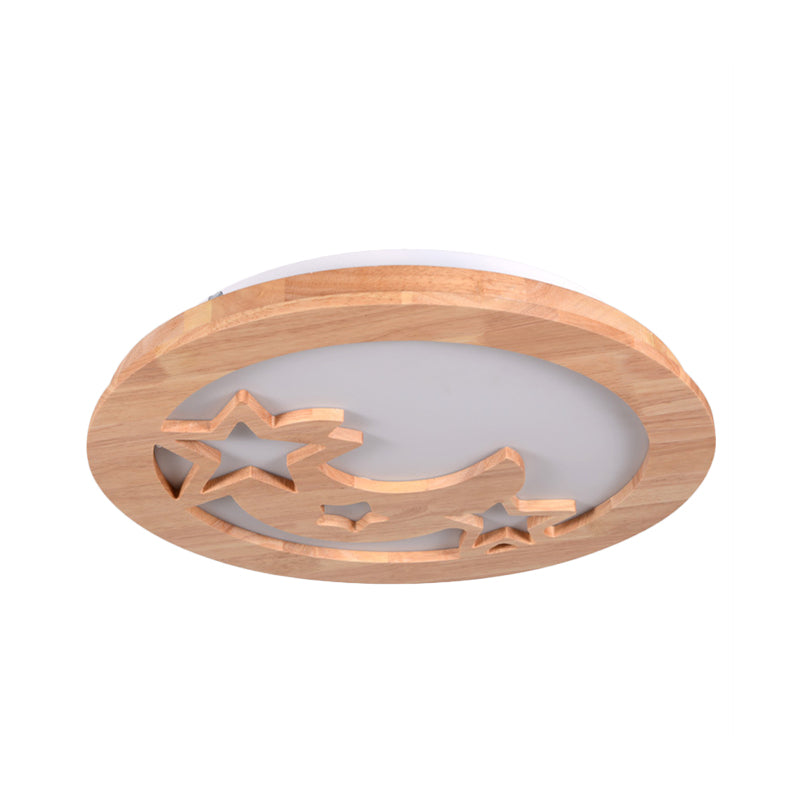 Contemporary Wood Led Ceiling Lamp With Carved Moon And Star Design - Natural Flush Mount Light For