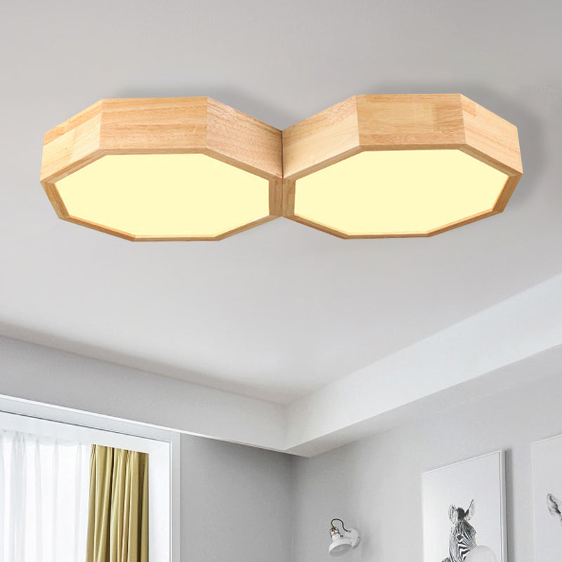 Octagon Twin Ceiling Light Fixture - Nordic Wood Led Flush Mount Lamp For Bedroom