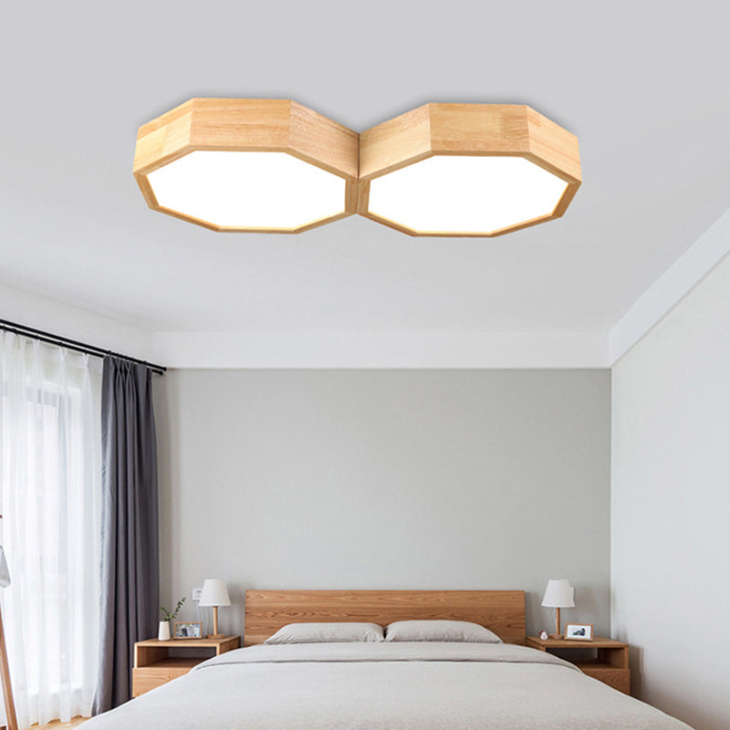 Octagon Twin Ceiling Light Fixture - Nordic Wood Led Flush Mount Lamp For Bedroom