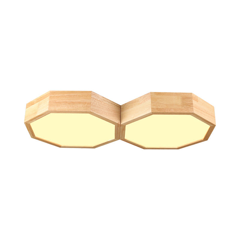 Octagon Twin Ceiling Light Fixture - Nordic Wood Led Flush Mount Lamp For Bedroom