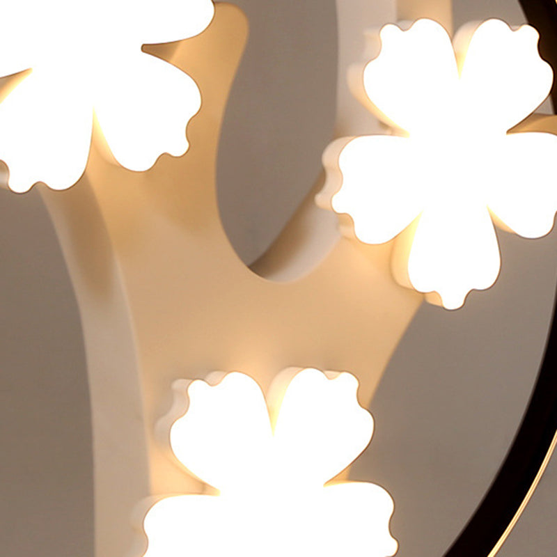 Black Led Flush Mount Ceiling Light With Blossom Decoration - Simple Style Wide Acrylic Ring
