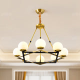 Postmodern Polygon Metal Chandelier 6/8 Heads - Brass Hanging Ceiling Light With White Globe Glass
