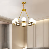 Postmodern Polygon Metal Chandelier 6/8 Heads - Brass Hanging Ceiling Light With White Globe Glass