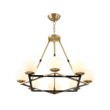 Postmodern Polygon Metal Chandelier 6/8 Heads - Brass Hanging Ceiling Light With White Globe Glass