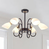 Rustic Black Iron Chandelier Light With Frosted Cone Glass Shades - 6/8/10 Heads Curved Arm Design