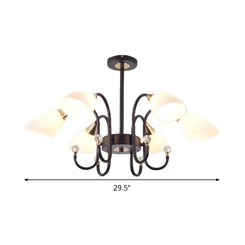 Rustic Black Iron Chandelier Light With Frosted Cone Glass Shades - 6/8/10 Heads Curved Arm Design