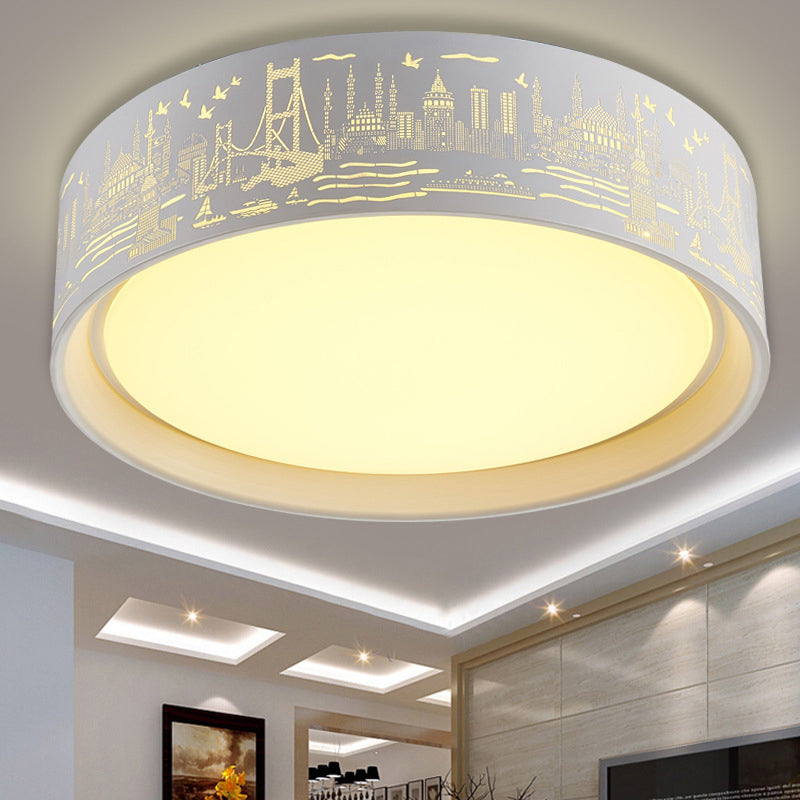 16.5/20.5 Modern White Carved Metal Drum Flush Lamp With Metropolis Scene - Led Ceiling Light