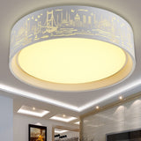 16.5/20.5 Modern White Carved Metal Drum Flush Lamp With Metropolis Scene - Led Ceiling Light