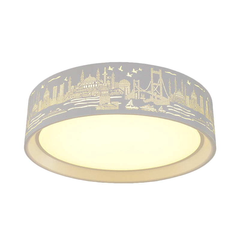 16.5/20.5 Modern White Carved Metal Drum Flush Lamp With Metropolis Scene - Led Ceiling Light