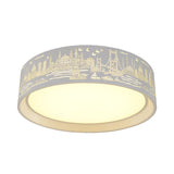 16.5/20.5 Modern White Carved Metal Drum Flush Lamp With Metropolis Scene - Led Ceiling Light