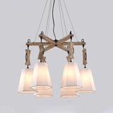 Contemporary Fabric Hexagon Chandelier With 6 Black/White/Flaxen Heads For Dining Room