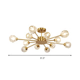 Postmodern Gold Ceiling Lamp With 12 Heads: Clear Faceted Crystal Sputnik Semi-Flush Mount Fixture