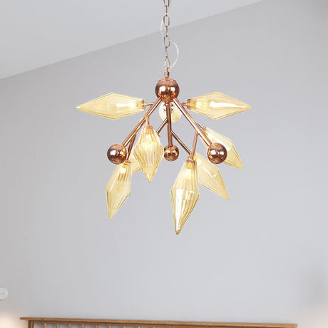Vintage Metal Chandelier: 9-Light Prism Ceiling Lamp For Dining Room With Amber/Clear Glass Shades