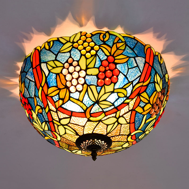 Tiffany-Style Leafy Ceiling Flush Mount Light Fixture - 2/5 Heads Bronze 12/16.5 Width