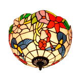 Tiffany 2-Light Stained Glass Floral Ceiling Fixture Brass Flush Mount For Bedroom