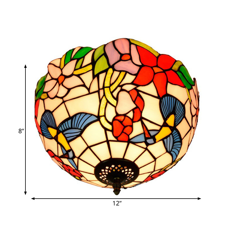 Tiffany 2-Light Stained Glass Floral Ceiling Fixture Brass Flush Mount For Bedroom