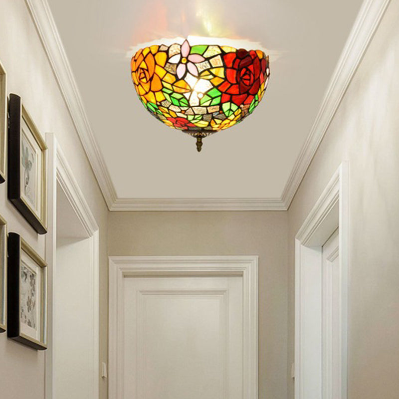 Tiffany 2-Light Stained Glass Floral Ceiling Fixture Brass Flush Mount For Bedroom / C