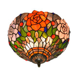 Tiffany Stained Glass Flush Mount Ceiling Light - Multicolored Brass Blossom Fixture 2 Bulb