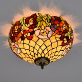 Tiffany-Style Stained Glass Ceiling Lamp In Bronze With 3 Bulb Flush Mount