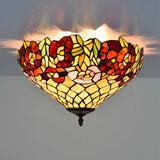 Tiffany-Style Stained Glass Ceiling Lamp In Bronze With 3 Bulb Flush Mount