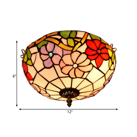 Peony Ceiling Light - Tiffany Bronze Stained Glass Flush Mount Fixture For Bedroom