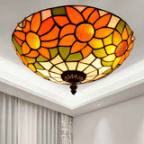 Blue/White Sunflower Tiffany Stained Glass Flush Mount Ceiling Light With 2/3 Bulbs - 12/16 W