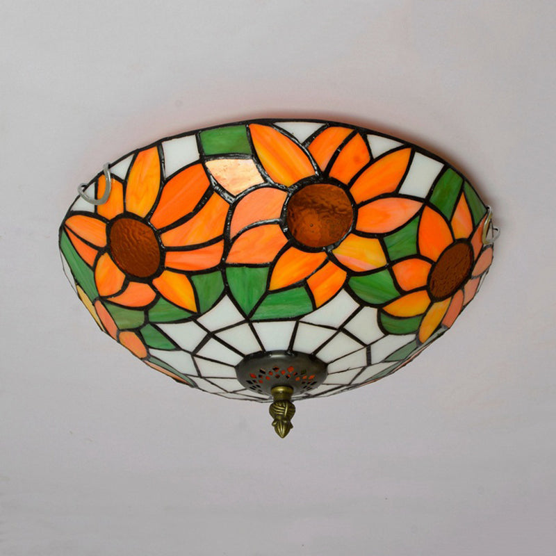 Blue/White Sunflower Tiffany Stained Glass Flush Mount Ceiling Light With 2/3 Bulbs - 12/16 W